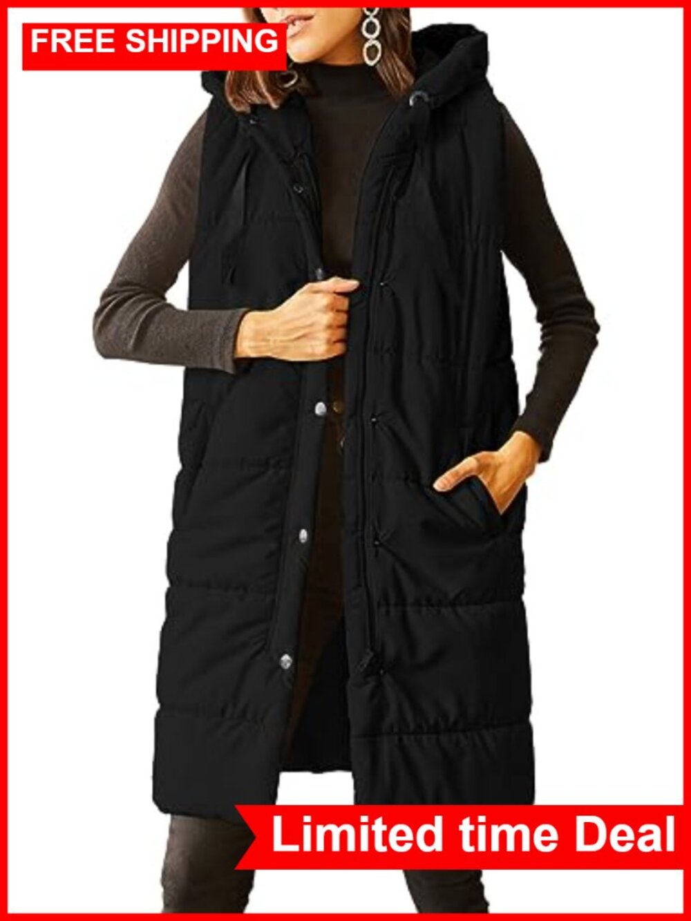 Quilted Puffer Vest Long Sleeveless Hooded Button Down Padded Coat with Pockets